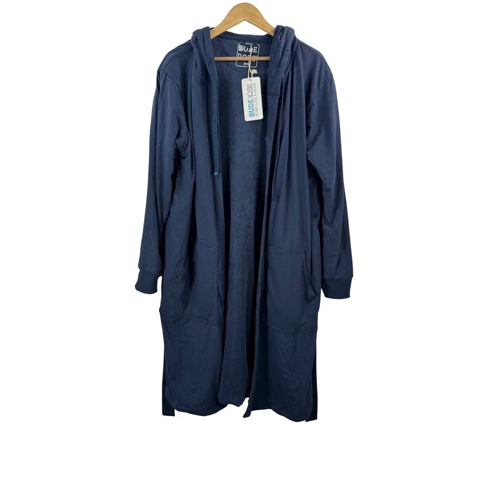 DudeRobe Hooded Bathrobe sz S Navy Luxury Cotton Loungewear Hooded Robe